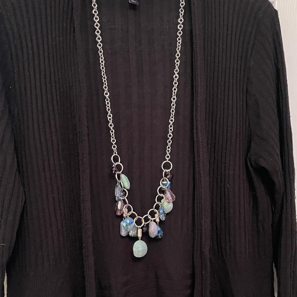 Chico’s Long Length Statement Chunky Necklace Lucite Iridescent Crystals